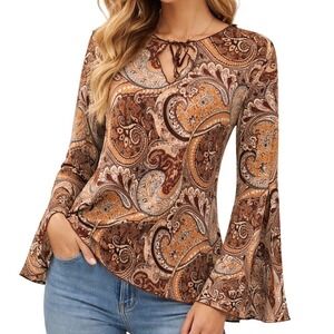 Giorgio Fiorlini Collection Tunic XL Brown Paisley Keyhole Lettuce Edge Boho